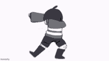a cartoon character is standing in front of a white background and looking at something .