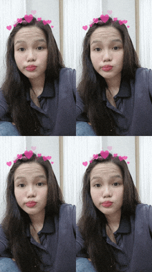 a girl with hearts on her hair makes a face