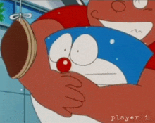 a cartoon character with a red nose is holding a purse in his hand