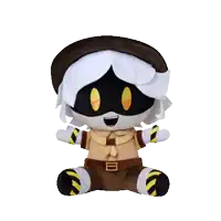 a stuffed animal with a brown hat and striped pants is sitting on a white background
