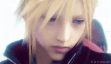 a close up of a person 's face with blonde hair .