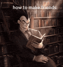 a man in a suit is reading a book in a library with the words how to make friends above him
