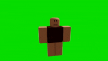 a roblox character is dancing on a green screen with his arms in the air .