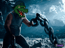 a cartoon of a man with a crocodile on his face holding a chain