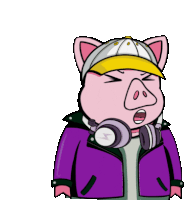 a cartoon pig wearing a purple jacket and headphones .