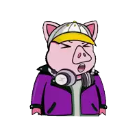 a cartoon pig wearing a purple jacket and headphones .