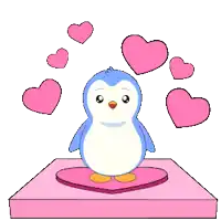 a blue and white penguin is standing on a pink heart