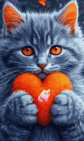 a cat is holding an orange heart in its paws with a pink cat on it