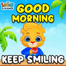 a lucas and friends greeting card with a smiling bear holding a cup of coffee