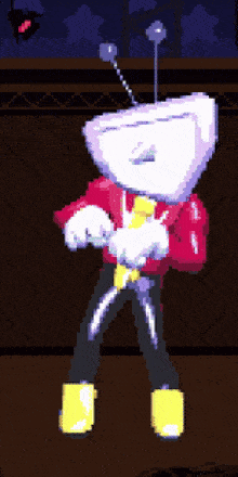 a pixel art of a robot with a red jacket and yellow shoes