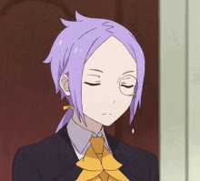 a girl with purple hair and glasses is wearing a black suit and yellow tie
