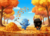 a blue monster is raking leaves and a black monster is raking leaves