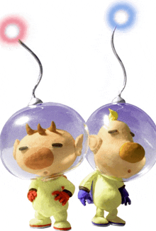 two cartoon characters are standing next to each other with their heads in bubbles