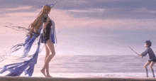 a woman in a long blue dress is standing on a beach next to a boy holding a sword .