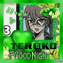 a picture of a boy with glasses and the words teruko goodnight