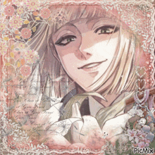 a picture of a girl with a flower and the word picmix on the bottom right