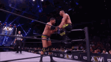 two men are wrestling in a ring with a aew logo on the wall