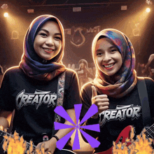 two women wearing creator shirts are standing next to each other