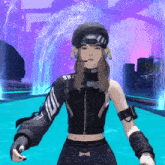 a woman in a video game is wearing a jacket that says ' tcl ' on the sleeve