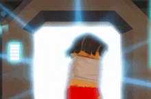 a person in a red shirt is standing in a room with a light shining on them