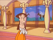 a cartoon character is standing in front of a wall with paintings