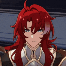 a close up of a red haired anime character