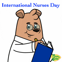 a cartoon of a bear holding a book with the words international nurses day behind him