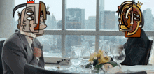 a man and a woman are sitting at a table with a cartoon face on their faces