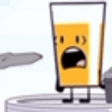 a cartoon character of a glass of orange juice with arms and legs is standing on a table .