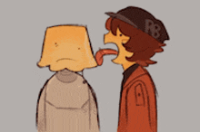 a cartoon character with a bag on his head is sticking his tongue out at another person .