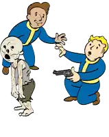 a cartoon of two vault dwellers standing next to a skeleton laying on the ground