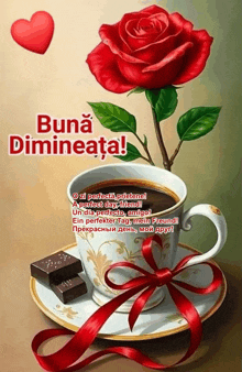 a cup of coffee with a red rose on a saucer and the words buna dimineata