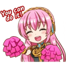 a cartoon girl with pink hair is cheering with pink pom poms and the words `` you can do it '' .