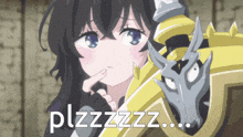a picture of a girl with a sword and the words ' plzzzzzz ' on the bottom