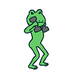 a green frog is holding two dumbbells in his hands .