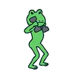 a green frog is holding two dumbbells in his hands .