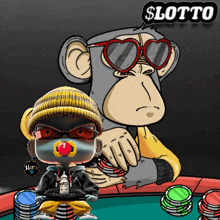 a monkey with heart shaped glasses is sitting at a table with stacks of poker chips and a sign that says lotto