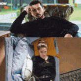 a man sitting in a chair next to a woman laying in bed