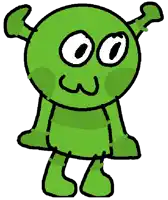 a cartoon drawing of a green monster with big eyes and a smile on its face .