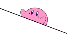 a pink cartoon character is peeking out from behind a white line .