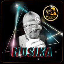 a black and white photo of a man wearing a beanie with the word musika on it