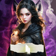 a painting of a woman with cat ears holding a heart shaped object