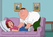 a cartoon character is laying on a couch while a man is standing next to her .