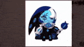 a cartoon character with a blue face and a black hat is holding a blue object .