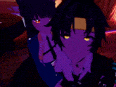 a purple anime character with red eyes and a blue jacket and tie
