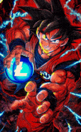 a drawing of goku holding a blue ball with a l on it