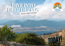 an advertisement for nbrp tours shows a view of the ocean and mountains