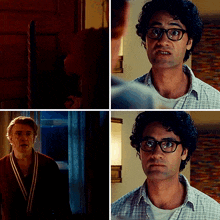 a man wearing glasses talks to a woman in a robe