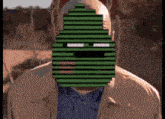 a man in a tan jacket has a pixelated face