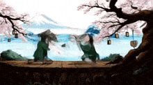 a couple of cartoon characters are standing on a wooden platform in front of a painting of a mountain .